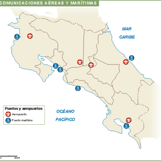 Costa Rica mapa aeropuertos puertos